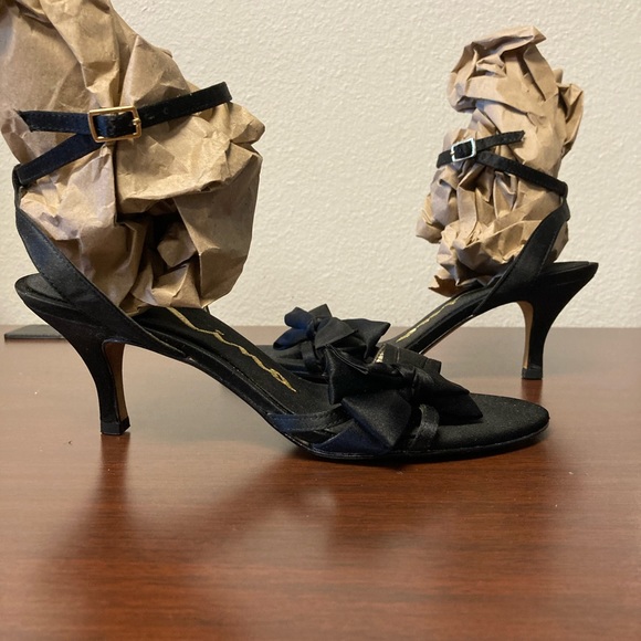 SZ 5.5 M BLK Satin formal ankle strap bow tie kitten heel genuine leather sole - Picture 3 of 7